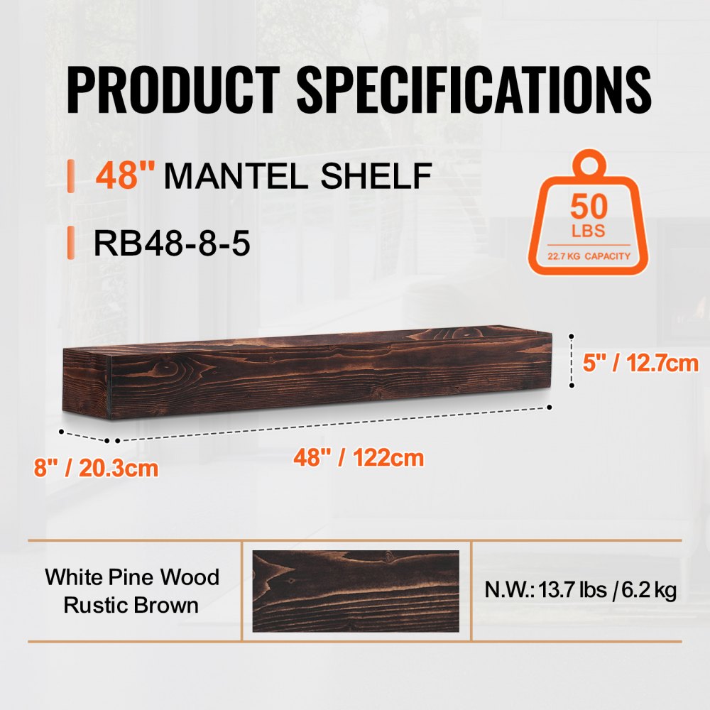 VEVOR Fireplace Mantel Wood Shelf Floating Rustic Fireplace Mantel 48