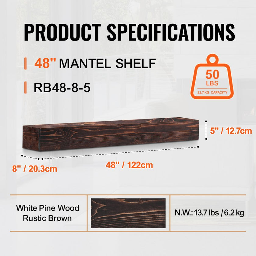 VEVOR Fireplace Mantel Wood Shelf Floating Rustic Fireplace Mantel 48