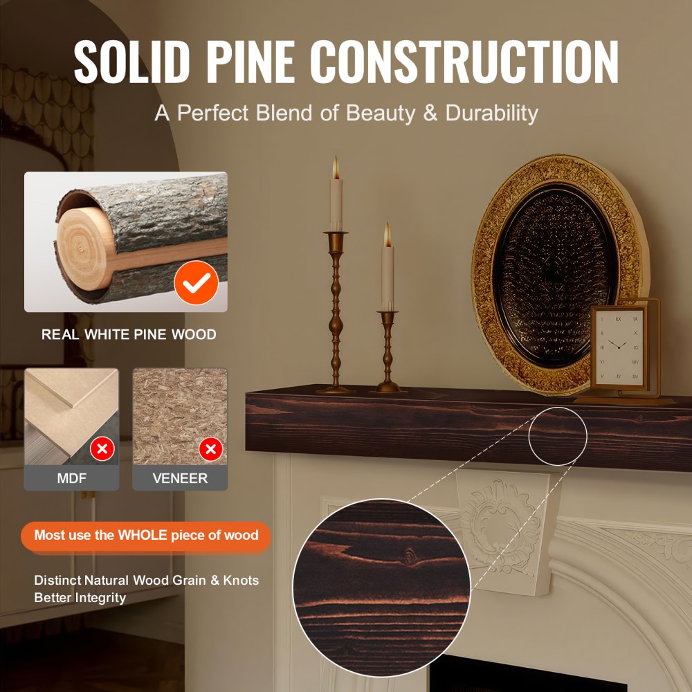 VEVOR Fireplace Mantel Wood Shelf Floating Rustic Fireplace Mantel 48