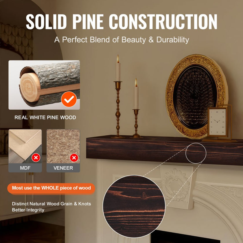 VEVOR Fireplace Mantel Wood Shelf Floating Rustic Fireplace Mantel 48