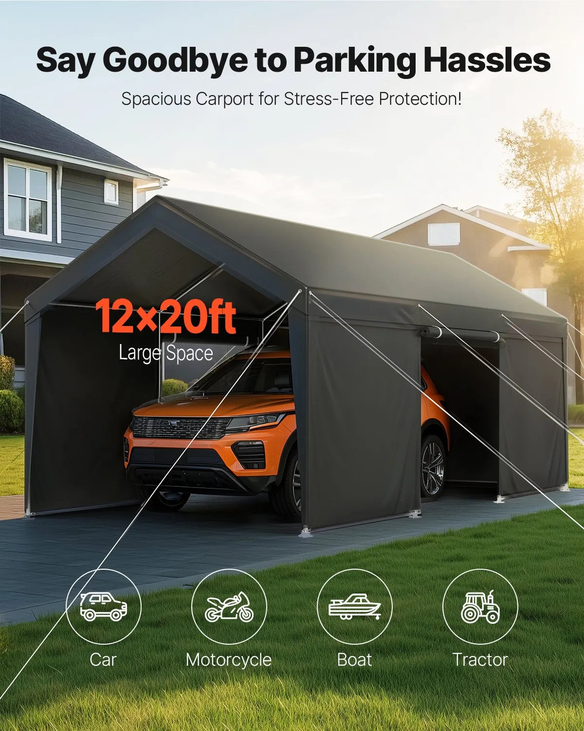 VEVOR Carport Car Canopy 12x20FT Heavy Duty Car Shelter with Sidewalls Grey