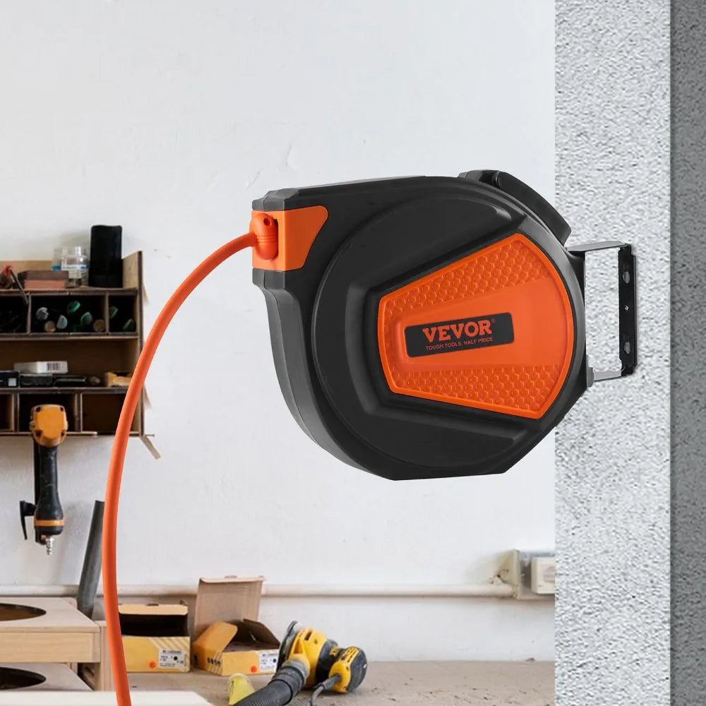 VEVOR Retractable Air Hose Reel, 3/8 IN x 50 FT Hybrid Air Hose Max 300PSI, Air Compressor Hose Reel with 5 In Lead in, Ceiling / Wall Mount Enclosed Air Reel, 180° Swivel Mount