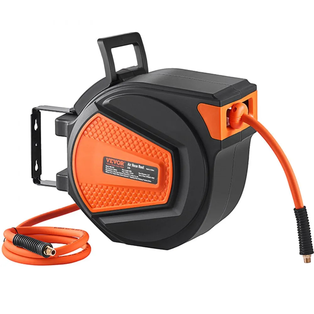 VEVOR Retractable Air Hose Reel, 3/8 IN x 50 FT Hybrid Air Hose Max 300PSI, Air Compressor Hose Reel with 5 In Lead in, Ceiling / Wall Mount Enclosed Air Reel, 180° Swivel Mount