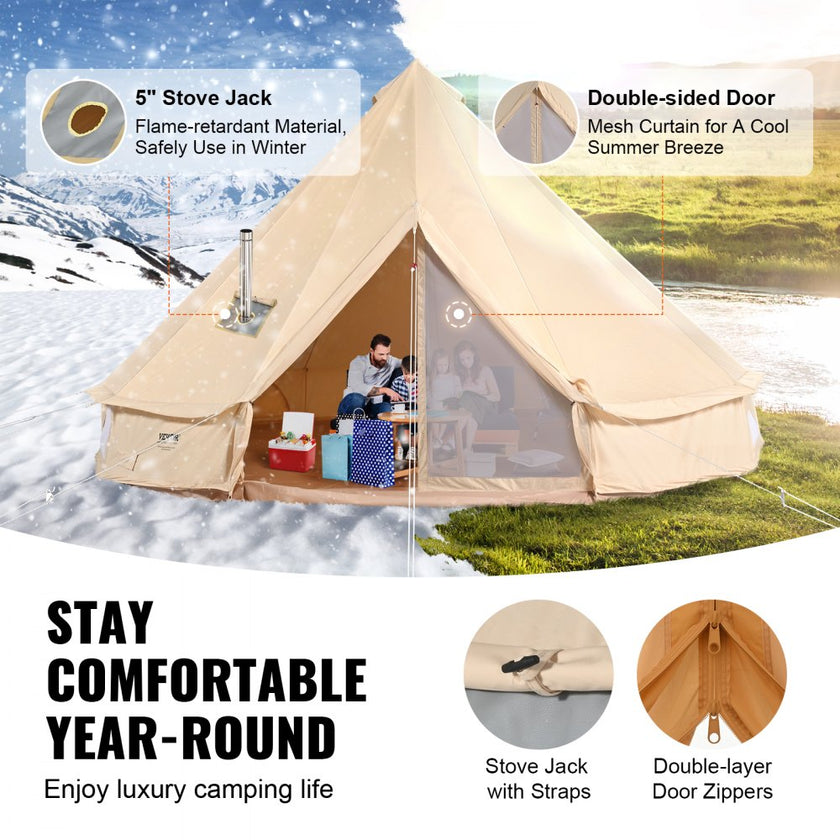 VEVOR Canvas Bell Tent, 4 Seasons 6 m/19.68 ft Yurt Tent, Canvas Tent for Camping with Stove Jack, Breathable Tent Holds up to 10 People, Family Camping Outdoor Hunting Party