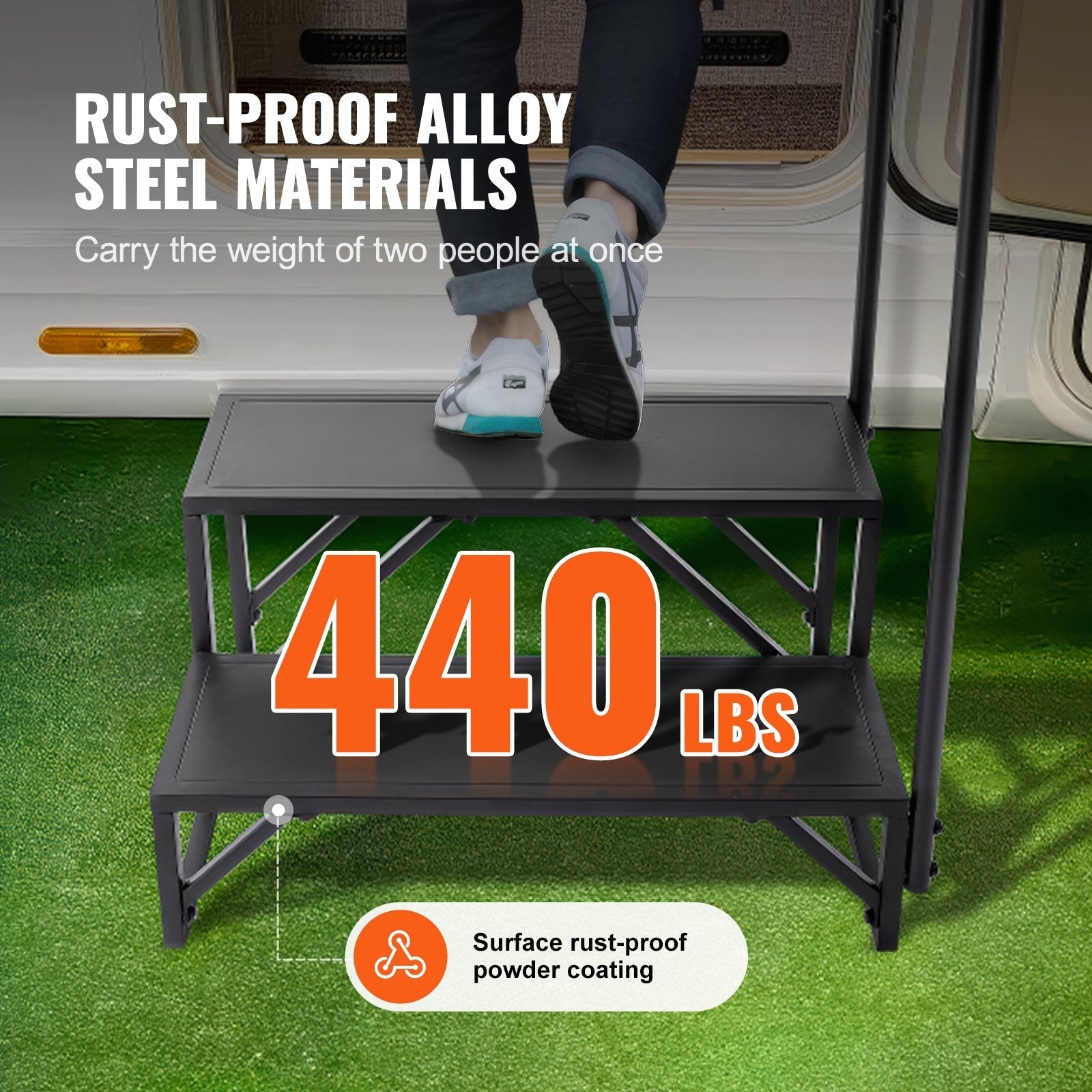 VEVOR RV Steps, 2-Step RV Stairs, 440 LBS Load Capacity, Thickened Carbon Steel, With Handrail, Non-Slip Steps for Safe Entry and Exit, Suit for RV, Trailer, Camper Steps