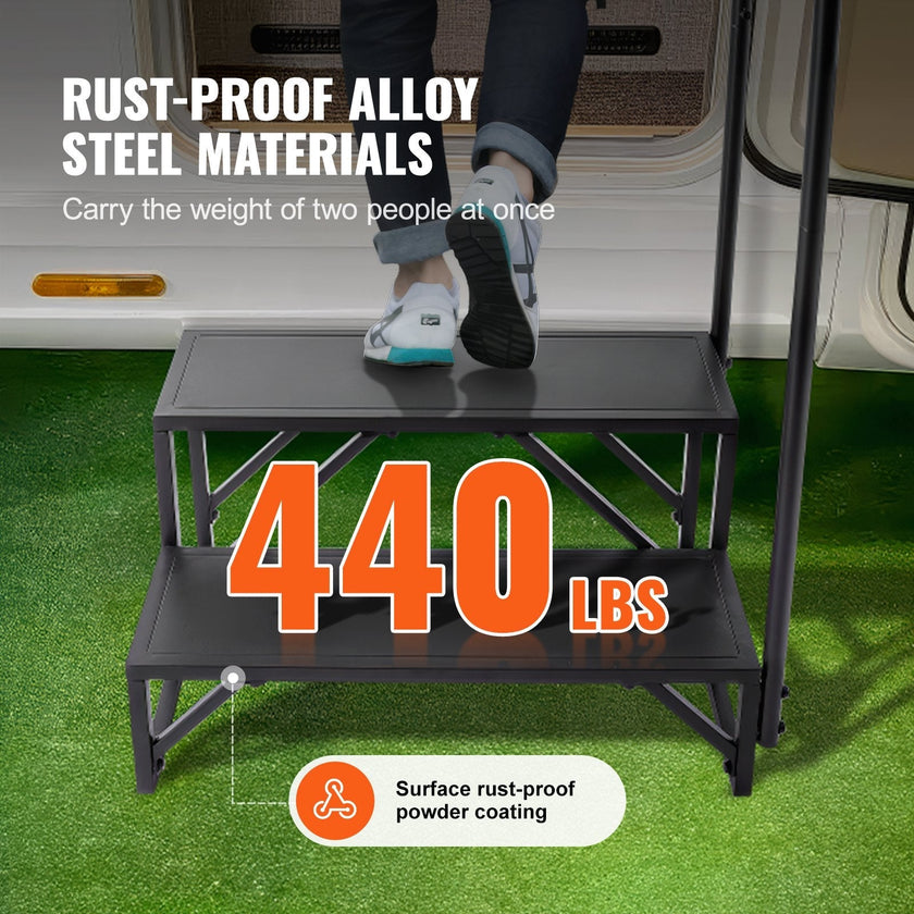 VEVOR RV Steps, 2-Step RV Stairs, 440 LBS Load Capacity, Thickened Carbon Steel, With Handrail, Non-Slip Steps for Safe Entry and Exit, Suit for RV, Trailer, Camper Steps