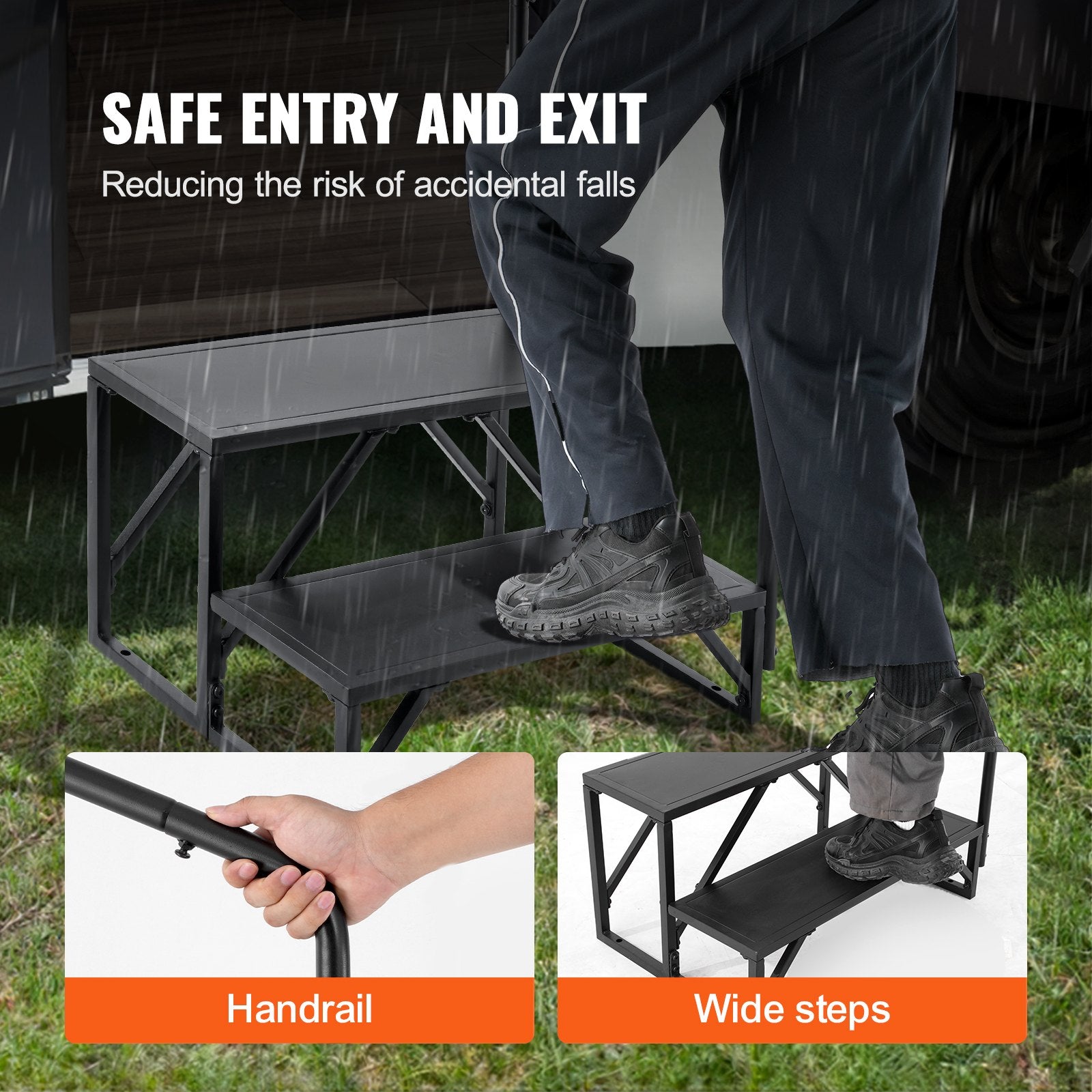 VEVOR RV Steps, 2-Step RV Stairs, 440 LBS Load Capacity, Thickened Carbon Steel, With Handrail, Non-Slip Steps for Safe Entry and Exit, Suit for RV, Trailer, Camper Steps