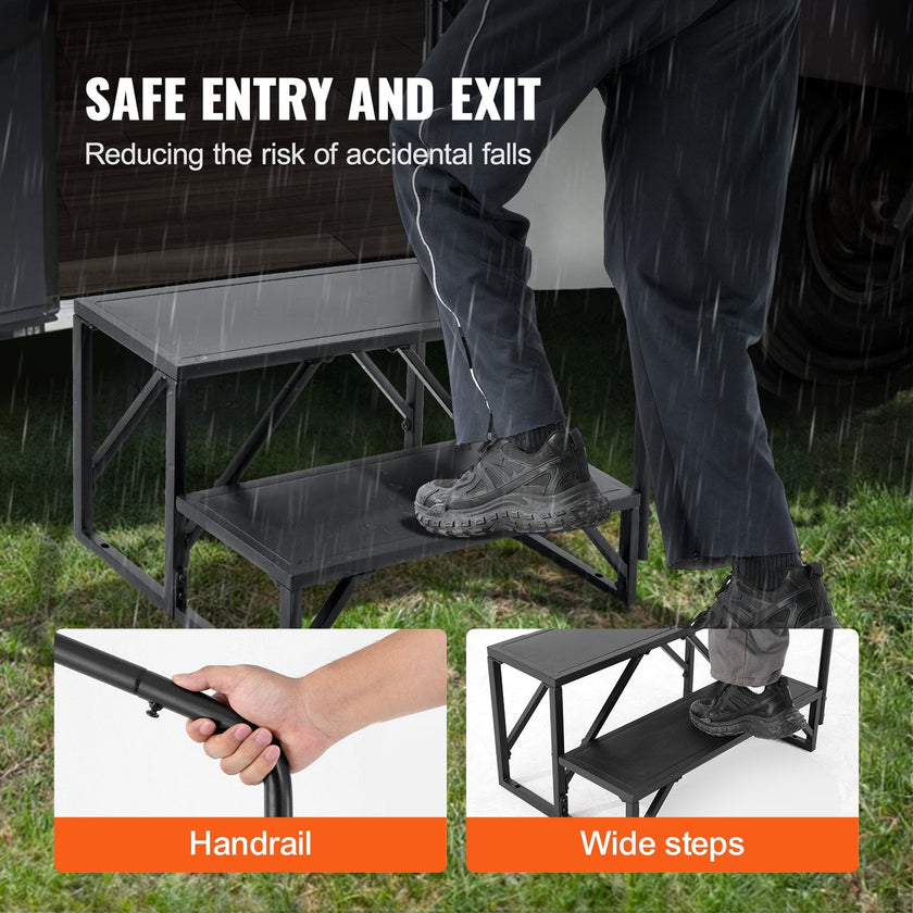 VEVOR RV Steps, 2-Step RV Stairs, 440 LBS Load Capacity, Thickened Carbon Steel, With Handrail, Non-Slip Steps for Safe Entry and Exit, Suit for RV, Trailer, Camper Steps
