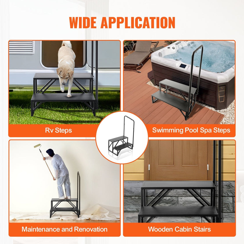 VEVOR RV Steps, 2-Step RV Stairs, 440 LBS Load Capacity, Thickened Carbon Steel, With Handrail, Non-Slip Steps for Safe Entry and Exit, Suit for RV, Trailer, Camper Steps