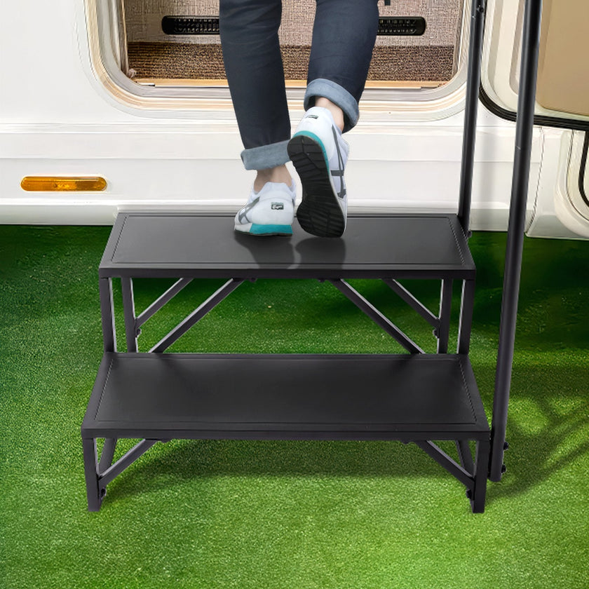 VEVOR RV Steps, 2-Step RV Stairs, 440 LBS Load Capacity, Thickened Carbon Steel, With Handrail, Non-Slip Steps for Safe Entry and Exit, Suit for RV, Trailer, Camper Steps