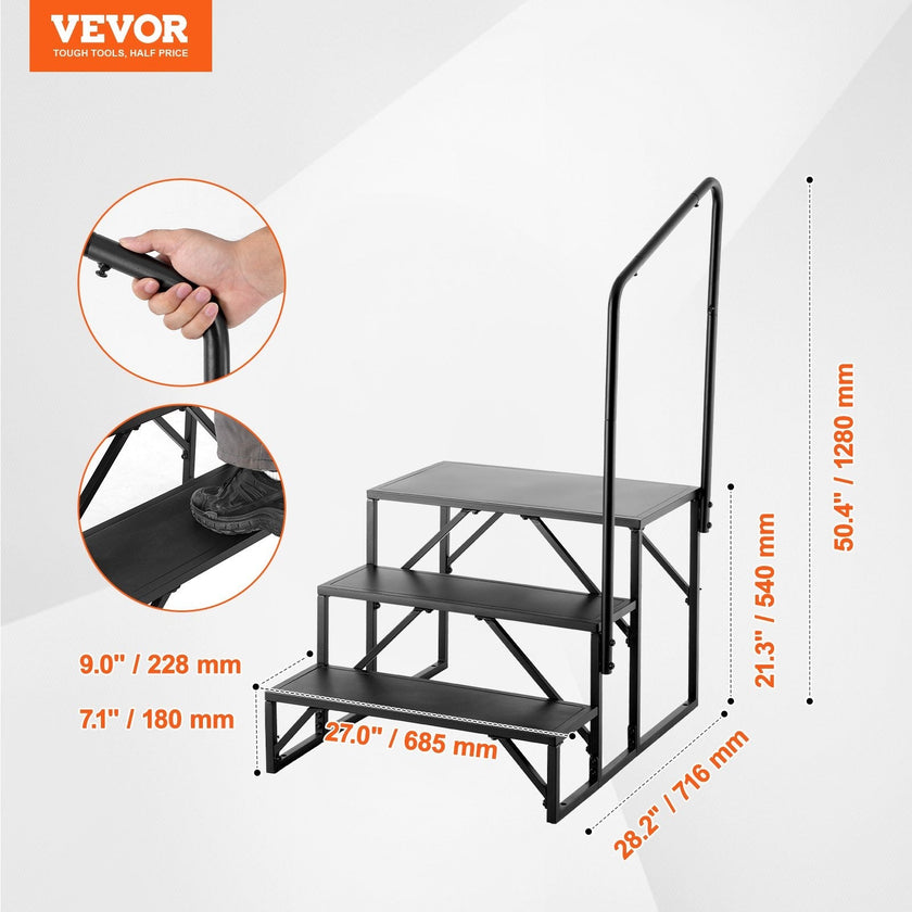VEVOR RV Steps, 3-Step RV Stairs, 440 LBS Load Capacity, Thickened Carbon Steel, With Handrail, Non-Slip Steps for Safe Entry and Exit, Suit for RV, Trailer, Camper Steps