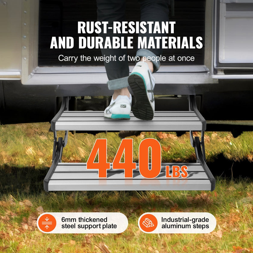 VEVOR RV Steps, 2-Step, Manual Retractable RV Stairs, Foldable, 440 LBS Load Capacity, Aluminum Alloy Steps, Thickened Steel Plate, Non-Slip Steps for Safe Entry and Exit, RV, Trailer, Camper Steps