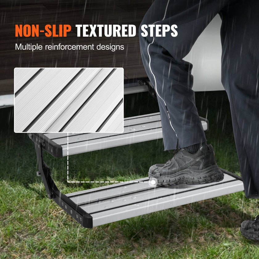 VEVOR RV Steps, 2-Step, Manual Retractable RV Stairs, Foldable, 440 LBS Load Capacity, Aluminum Alloy Steps, Thickened Steel Plate, Non-Slip Steps for Safe Entry and Exit, RV, Trailer, Camper Steps