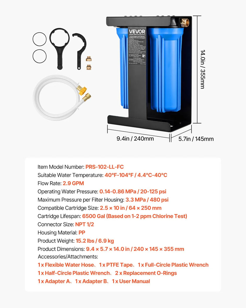 VEVOR RV Water Filter System 2-Cartridge with Basket for Campers Boats RVs Vans