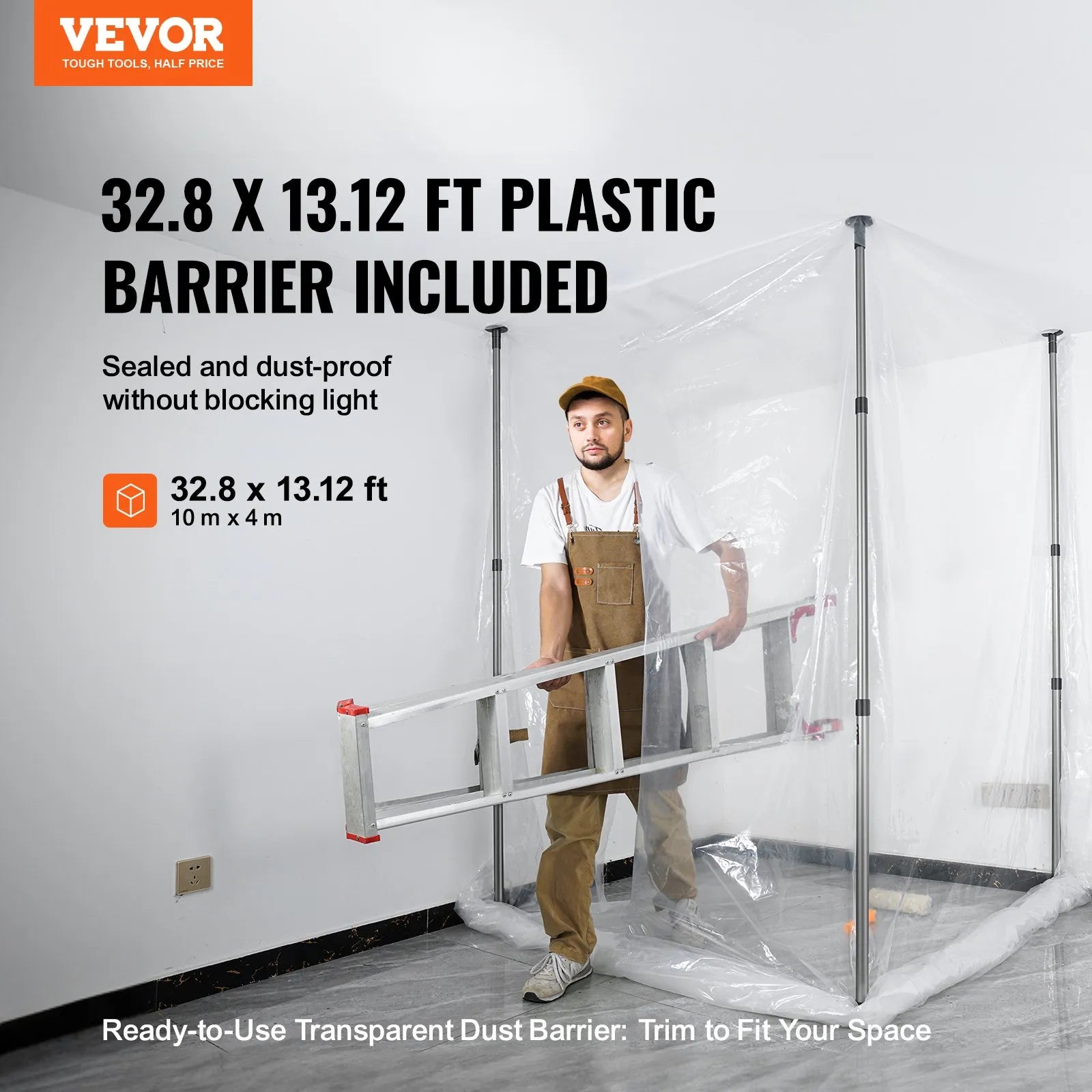 VEVOR Dust Barrier Poles, 10 Ft Poles with 4 Telescoping Poles, Carry Bag, and 32.8x13.12 Ft Plastic Film, for Interior Decoration and Painting Projects