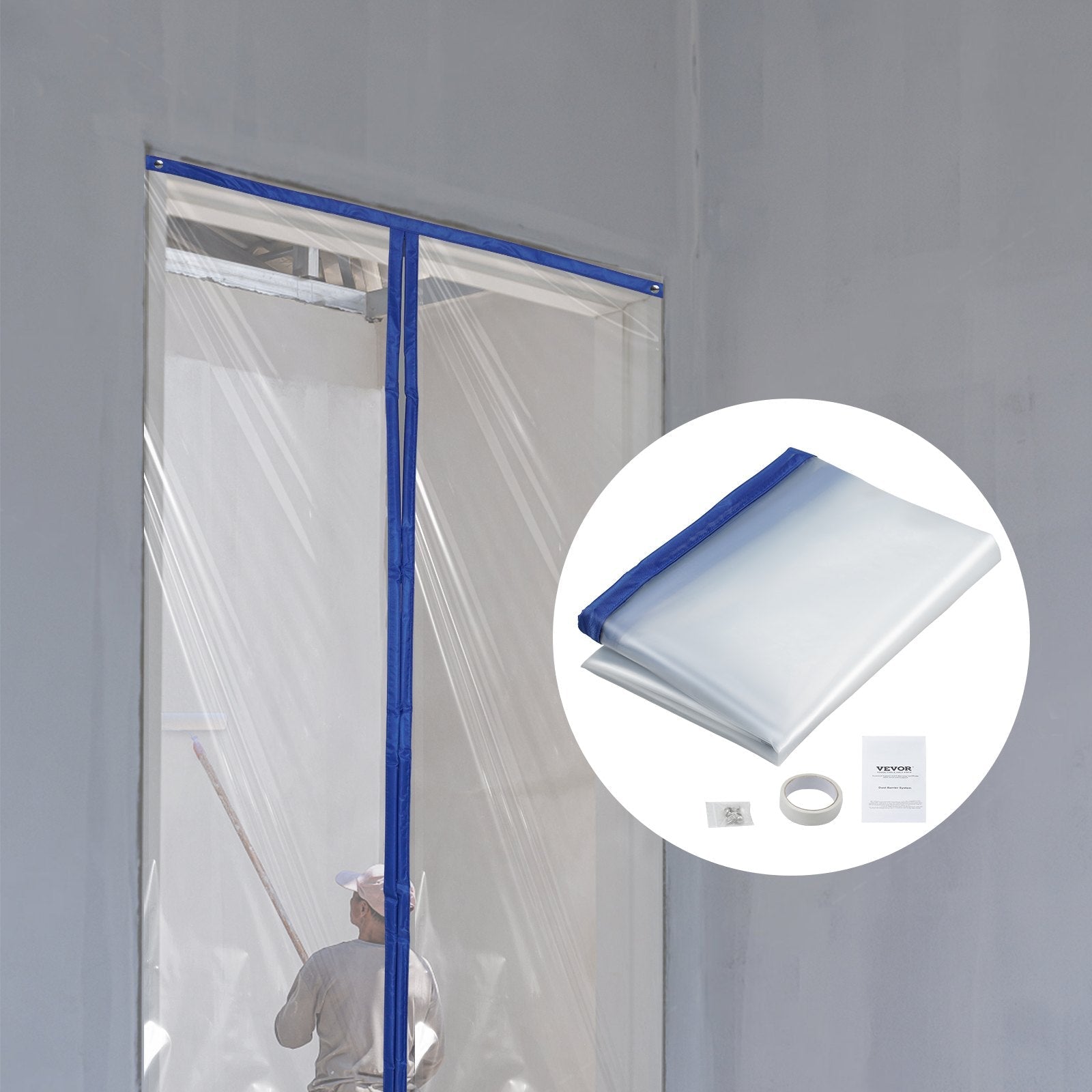 VEVOR Dust Barrier, 8.5 x 5 Ft Dust Barrier Door Kit, with Magnetic Self-Closing Zipper, PE Construction Door Cover for Dust Containment, Reusable Dust Protection Wall for Living Room Bathroom Remodel