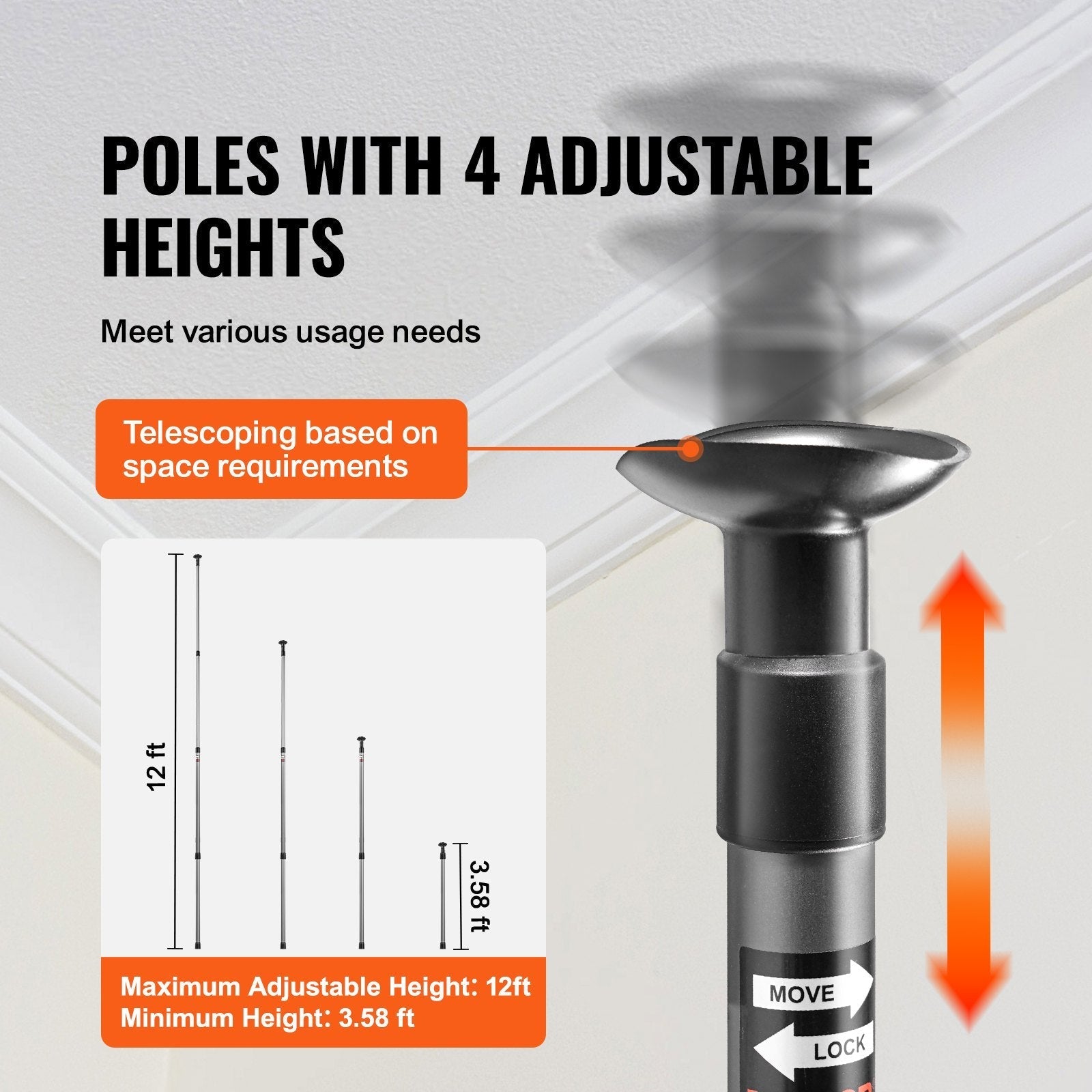 VEVOR Dust Barrier Poles, 12 Ft Barrier Poles, Dust Barrier System with 4 Telescoping Poles, Magnetic Zipper, Carry Bag and 32.8x13.12 Ft Plastic Film, for Interior Decoration, Painting