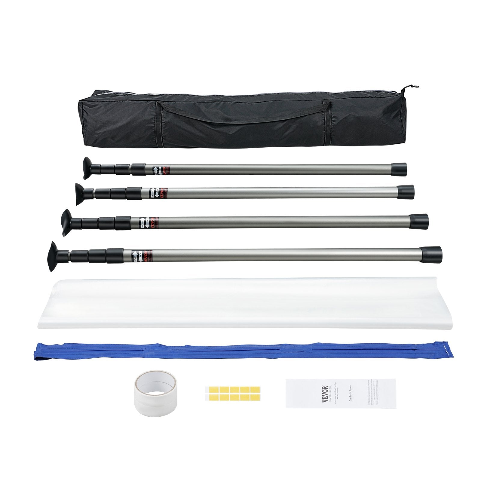 VEVOR Dust Barrier Poles, 12 Ft Barrier Poles, Dust Barrier System with 4 Telescoping Poles, Magnetic Zipper, Carry Bag and 32.8x13.12 Ft Plastic Film, for Interior Decoration, Painting