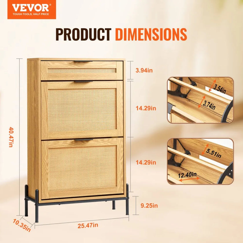VEVOR Rattan Shoe Cabinet Shoe Organizer with 2 Flip Drawers & 1 Slide Drawer