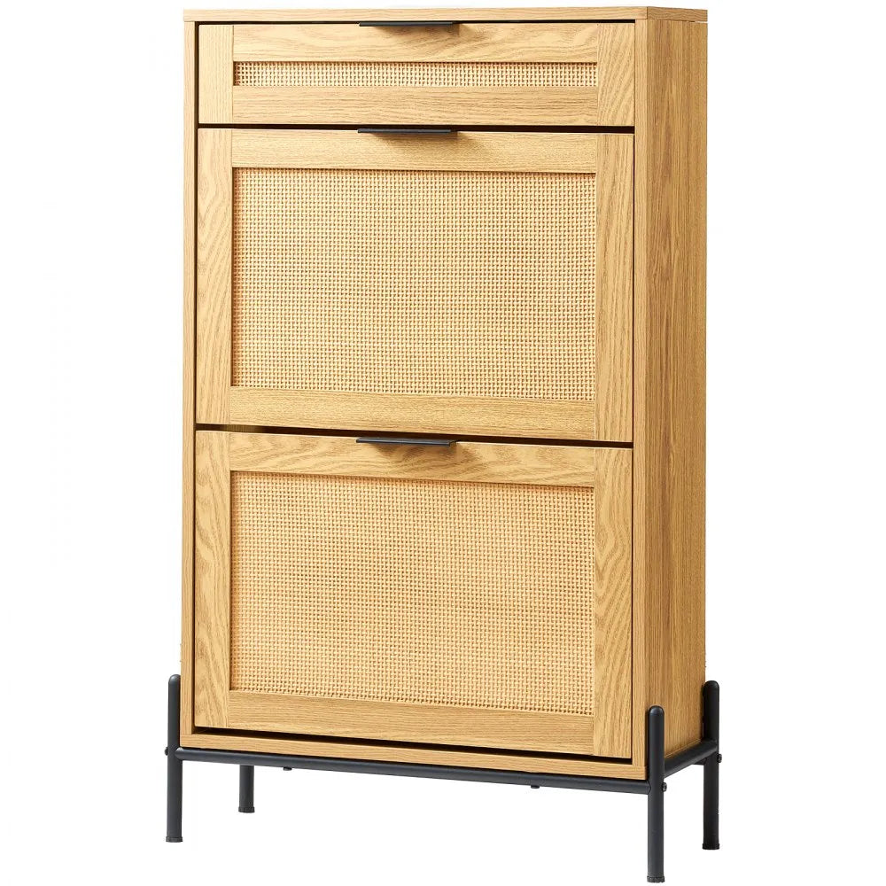 VEVOR Rattan Shoe Cabinet Shoe Organizer with 2 Flip Drawers & 1 Slide Drawer