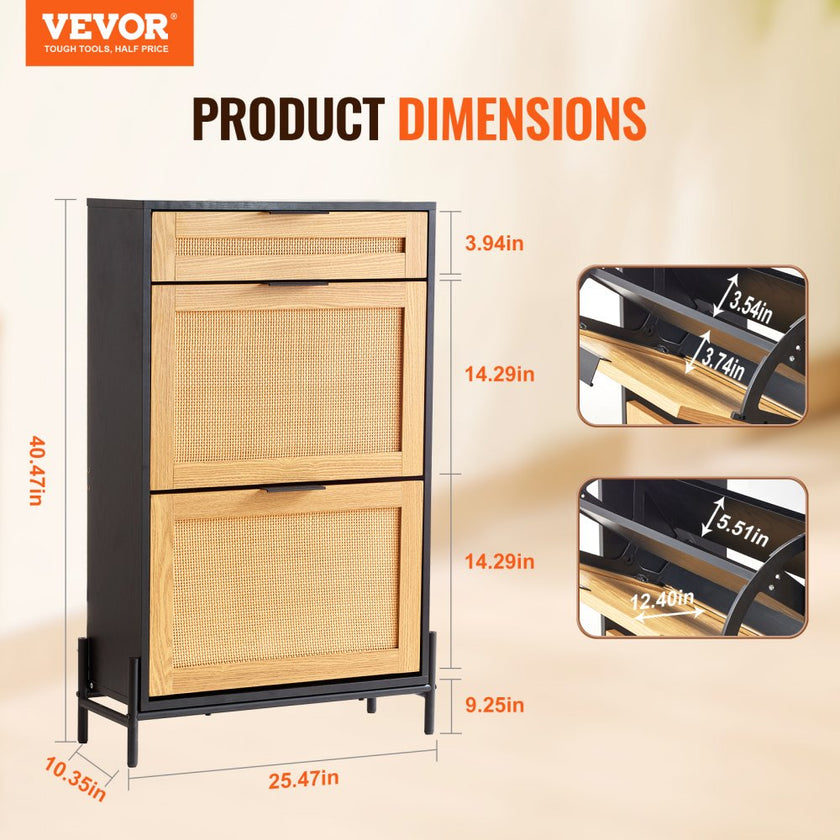 VEVOR Rattan Shoe Cabinet Shoe Organizer 2 Flip Drawers & 1 Slide Drawer Black