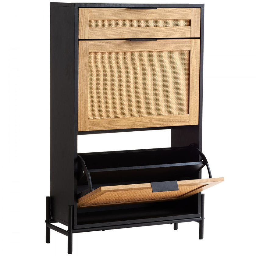 VEVOR Rattan Shoe Cabinet Shoe Organizer 2 Flip Drawers & 1 Slide Drawer Black