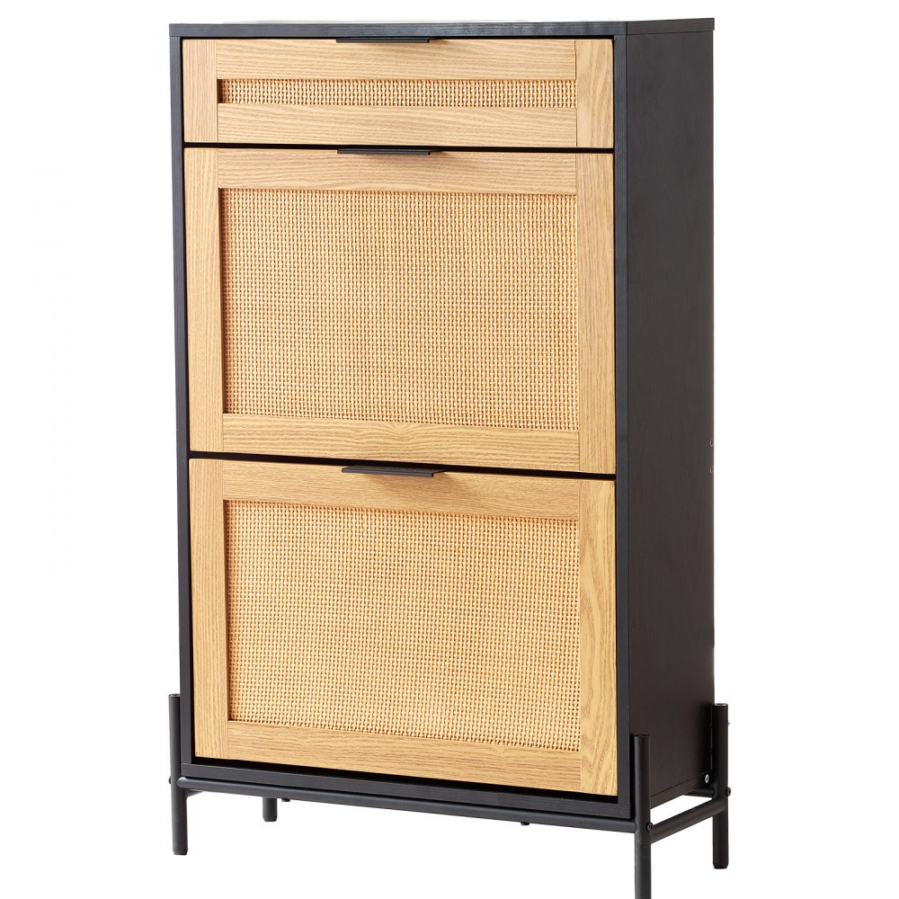 VEVOR Rattan Shoe Cabinet Shoe Organizer 2 Flip Drawers & 1 Slide Drawer Black