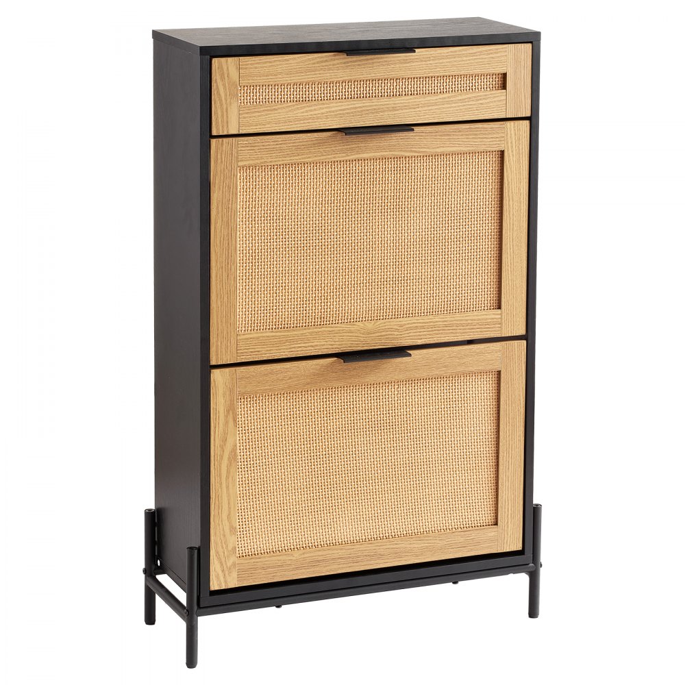 VEVOR Rattan Shoe Cabinet Shoe Organizer 2 Flip Drawers & 1 Slide Drawer Black