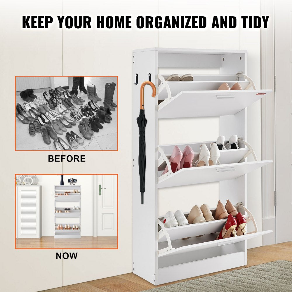 VEVOR Shoe Cabinet with 3 Flip Drawers, Shoe Storage Cabinet for Entryway, Free Standing Shoe Storage Organizer with Side Hooks for Heels, Boots, Slippers in Hallway, Living Room