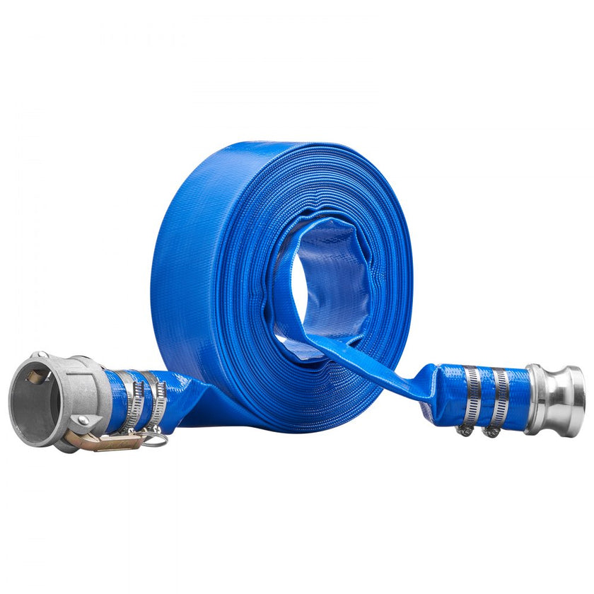VEVOR Backwash Hose, 2 in x 50 ft, Heavy-Duty PVC Flat Pool Discharge Hose with Aluminum Camlock C & E Fittings, Clamps, Compatible with Pumps, Sand Filters, for Swimming Pools Waste Water Drain, Blue