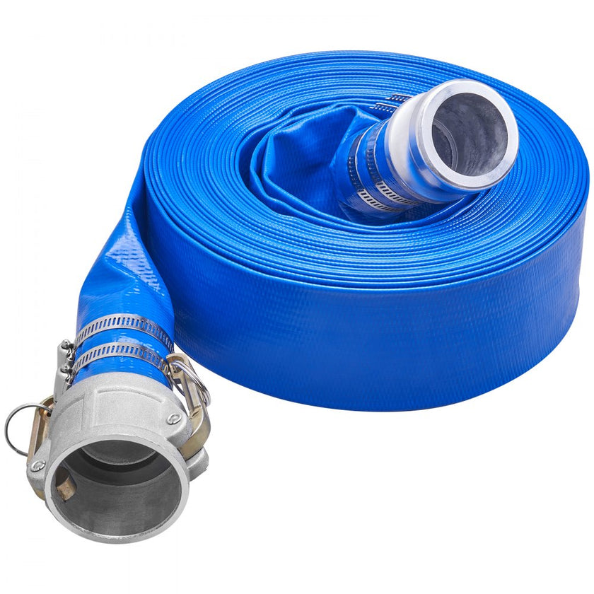 VEVOR Backwash Hose, 2 in x 50 ft, Heavy-Duty PVC Flat Pool Discharge Hose with Aluminum Camlock C & E Fittings, Clamps, Compatible with Pumps, Sand Filters, for Swimming Pools Waste Water Drain, Blue