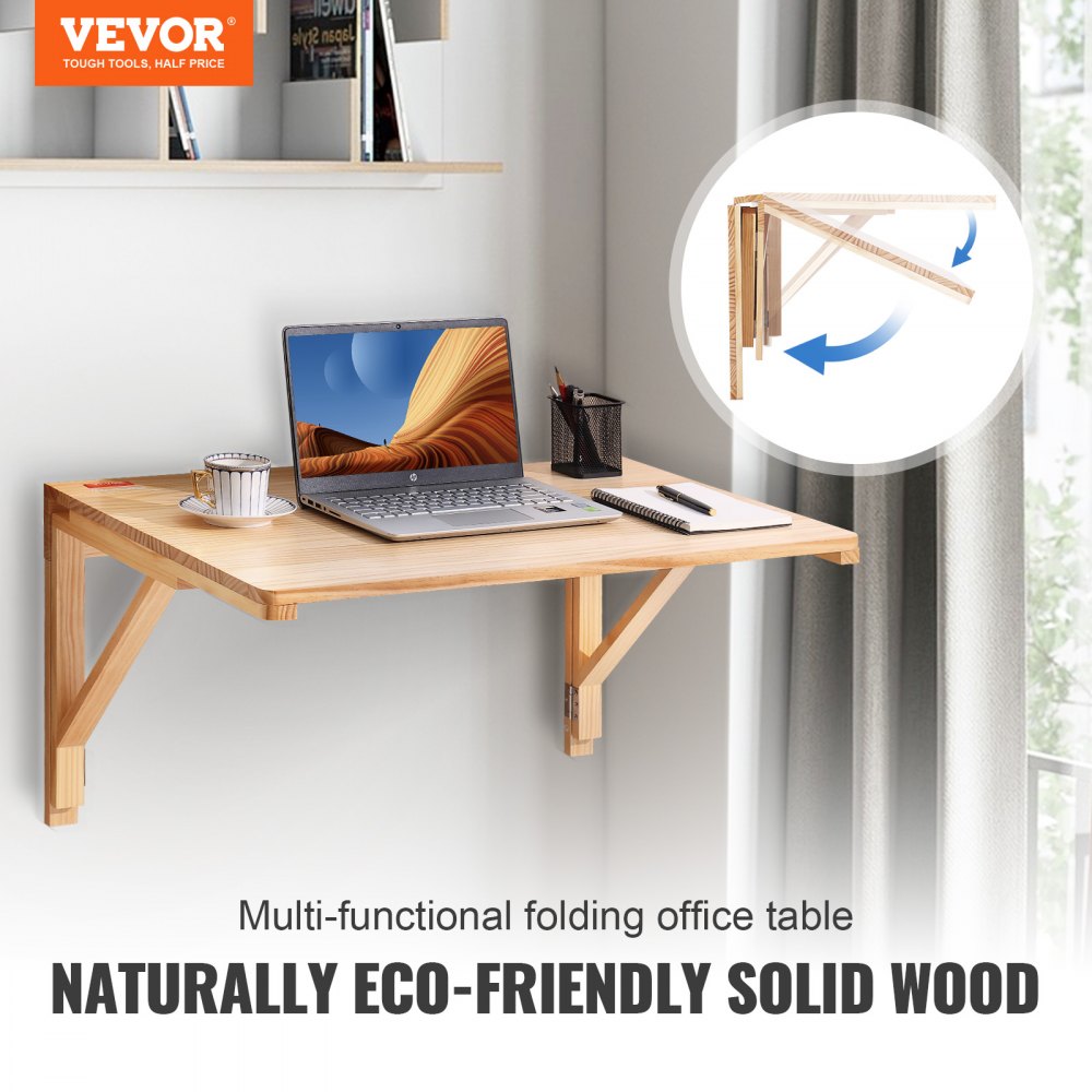 VEVOR Wall Mounted Folding Table, Wall Mounted Drop Leaf Tables, Solid Wood Floating Desk for Dining, Laundry Room, Office, 31.5