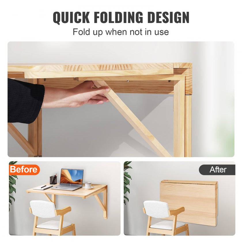 VEVOR Wall Mounted Folding Table, Wall Mounted Drop Leaf Tables, Solid Wood Floating Desk for Dining, Laundry Room, Office, 31.5