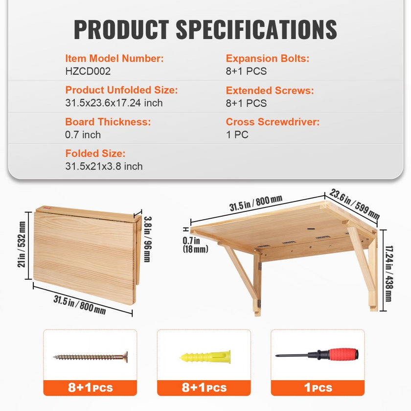 VEVOR Wall Mounted Folding Table, Wall Mounted Drop Leaf Tables, Solid Wood Floating Desk for Dining, Laundry Room, Office, 31.5