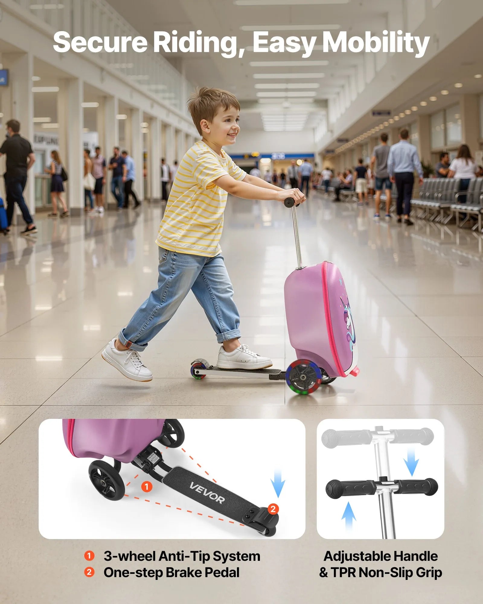 VEVOR Ride-on Luggage 20-inch Kids Scooter Suitcase with Flash Wheels Purple
