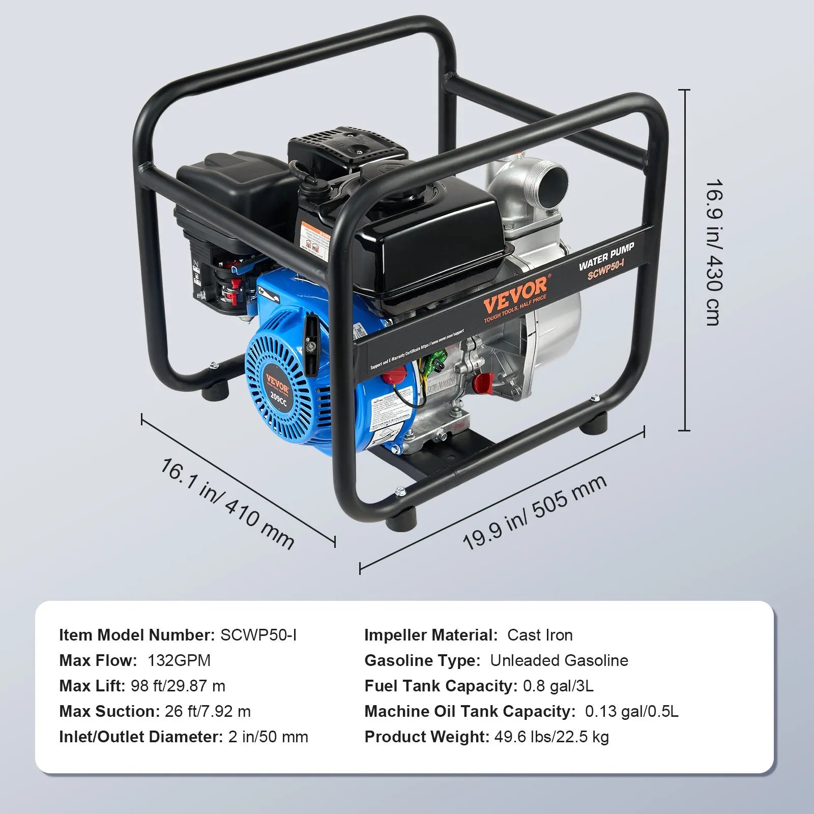 VEVOR Gasoline Engine Water Pump Gas Powered Transfer Pump 2 in 6.5HP 4-Stroke