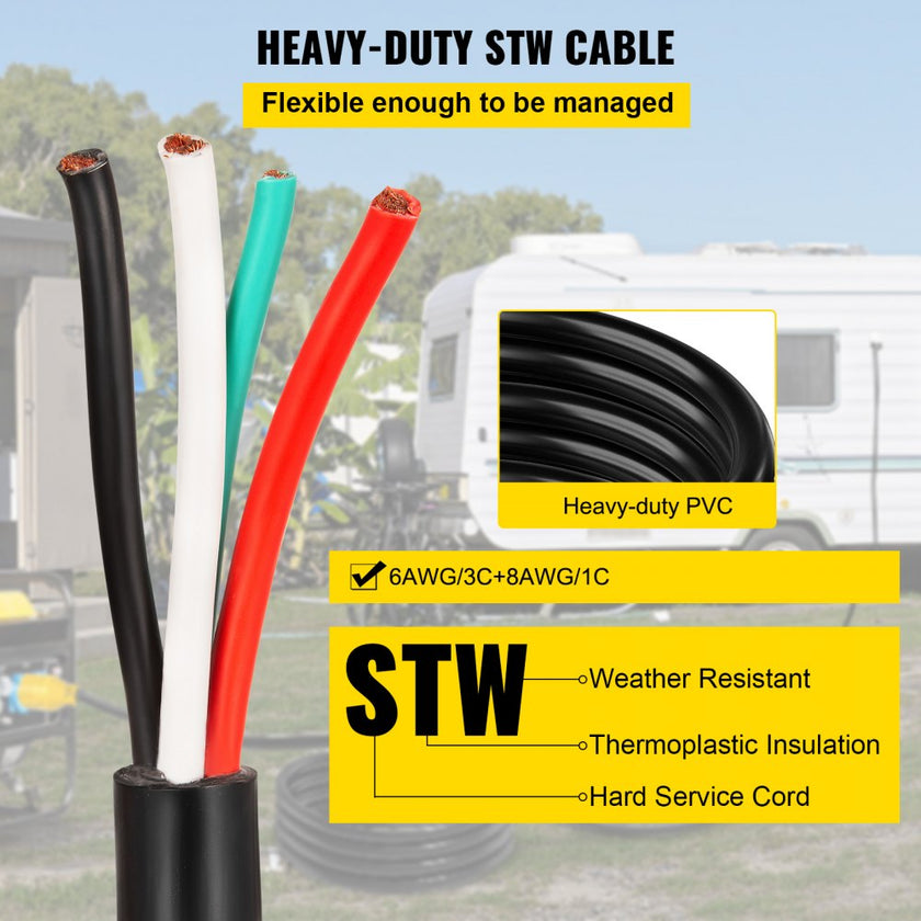 25' 50A RV Camp Power Cord Generator Cord 6/3 + 8/1 AWG NEMA 14-50P to Bare Wire