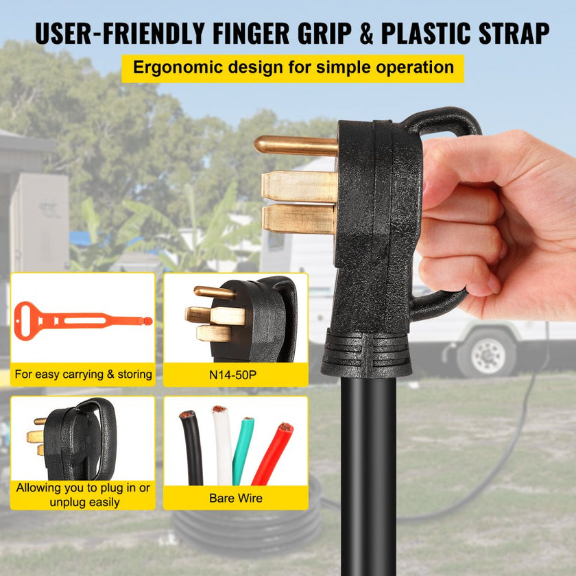 25' 50A RV Camp Power Cord Generator Cord 6/3 + 8/1 AWG NEMA 14-50P to Bare Wire