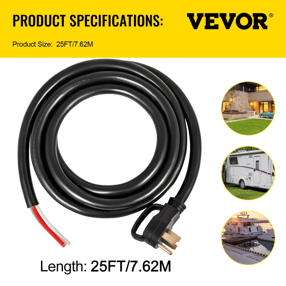 25' 50A RV Camp Power Cord Generator Cord 6/3 + 8/1 AWG NEMA 14-50P to Bare Wire