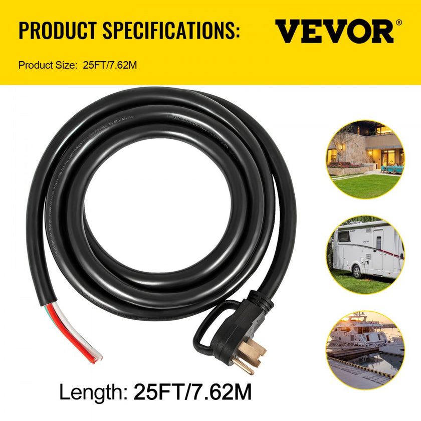 25' 50A RV Camp Power Cord Generator Cord 6/3 + 8/1 AWG NEMA 14-50P to Bare Wire
