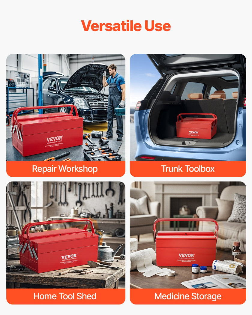 VEVOR Tool Box 14-inch 2-Tier 3-Tray Folding Cantilever Toolbox with Handle