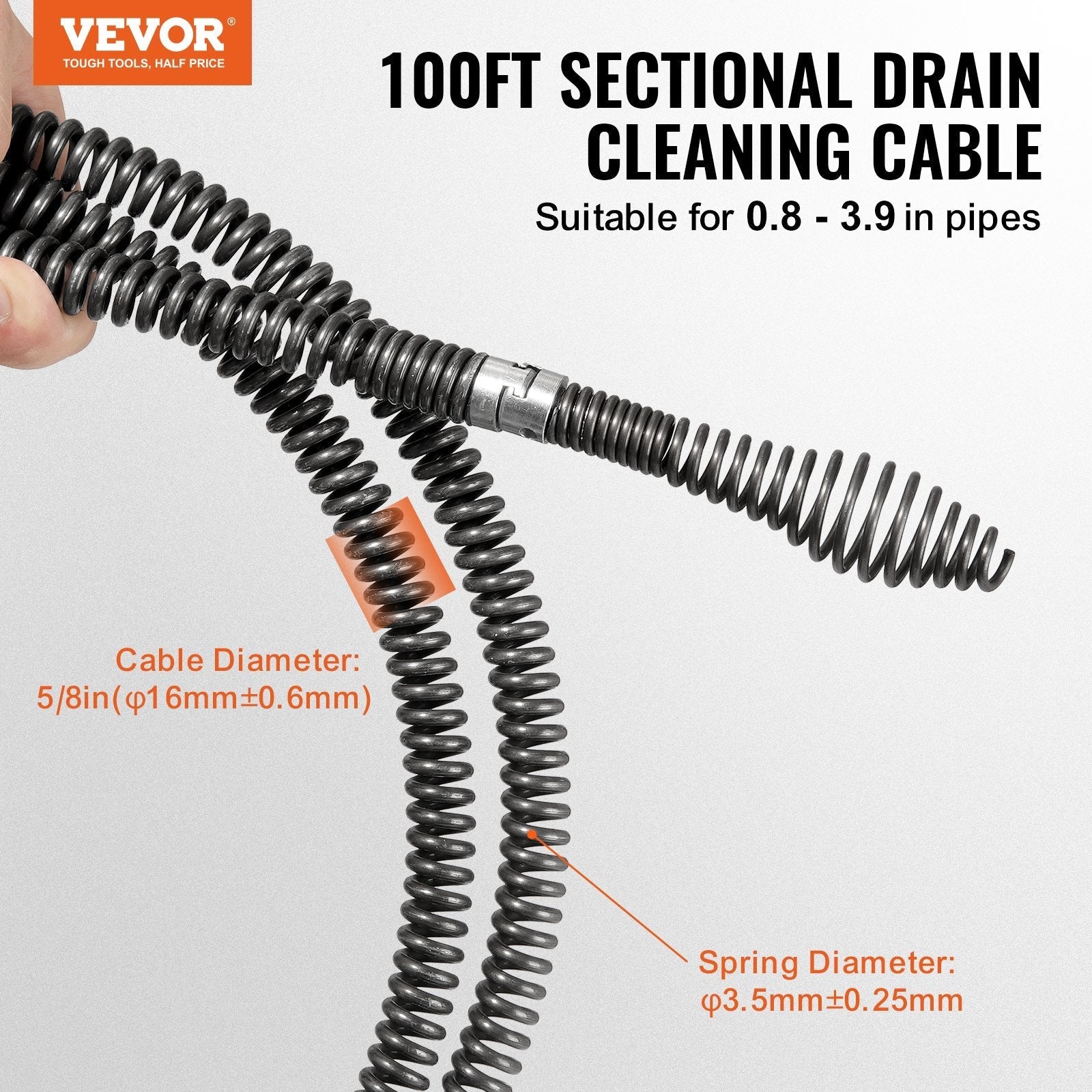VEVOR Sectional Drain Cleaning Cable 100FTx5/8In & 7 Cutters for 0.8