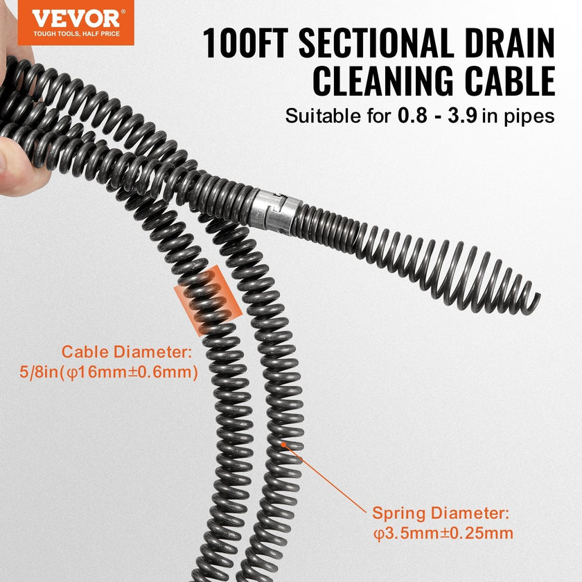 VEVOR Sectional Drain Cleaning Cable 100FTx5/8In & 7 Cutters for 0.8