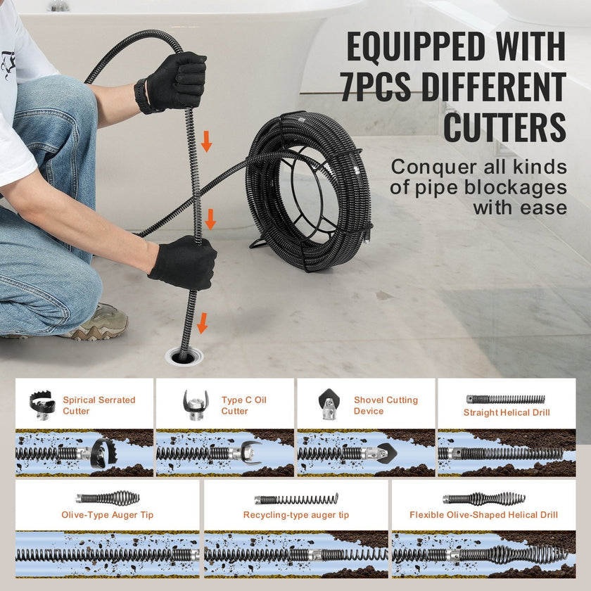 VEVOR Sectional Drain Cleaning Cable 100FTx5/8In & 7 Cutters for 0.8