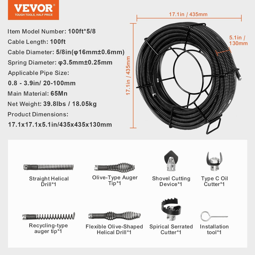 VEVOR Sectional Drain Cleaning Cable 100FTx5/8In & 7 Cutters for 0.8