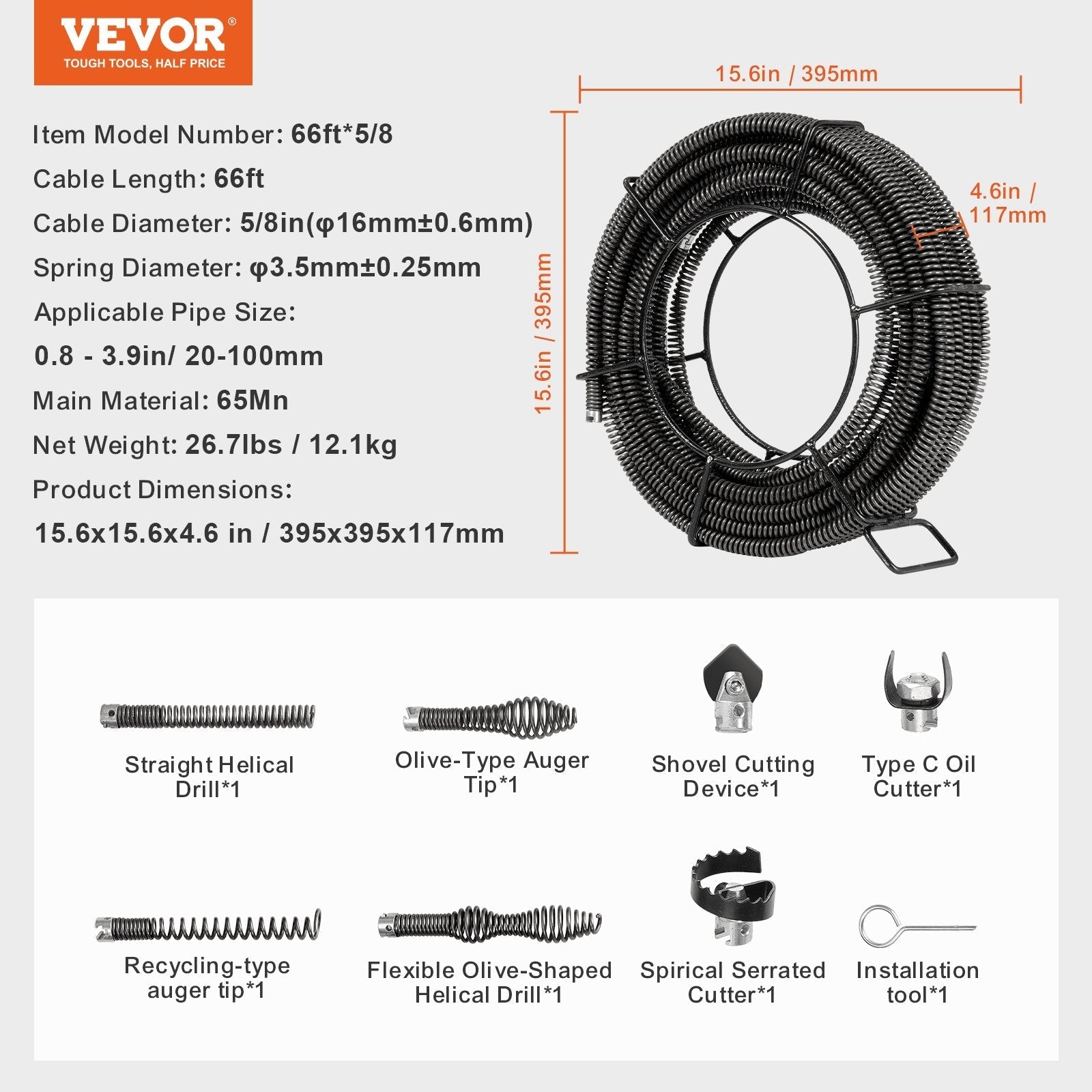 VEVOR Drain Cleaning Cable 66 FT x 5/8 Inch, Professional Sectional Drain Cleaner Cable with 7 Cutters for 0.8