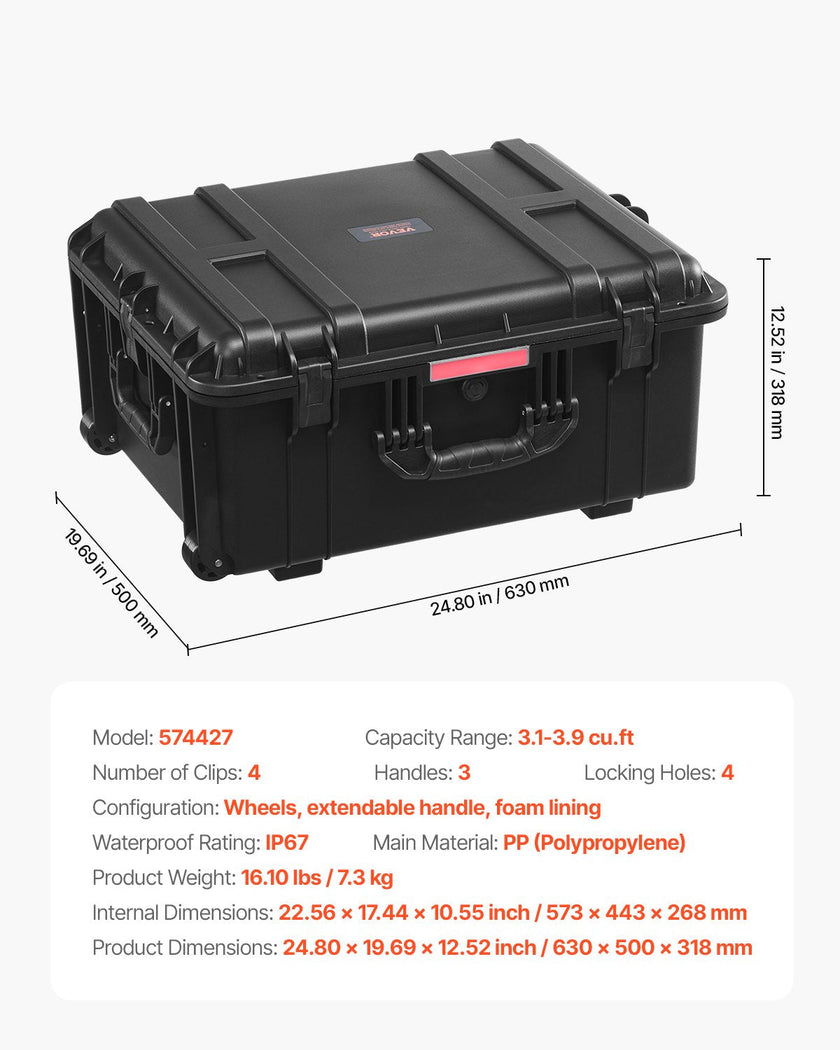 VEVOR 3.5 Cu.ft Weatherproof Hard Case Rolling Wheels & Retractable Handle Black