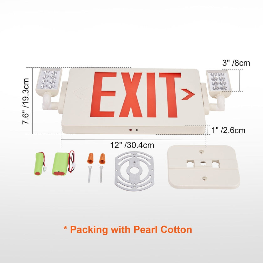 VEVOR LED Exit Sign with Emergency Lights, Two Heads Emergency Exit Light with Battery Backup, Combo Red Letter Fire Exit Lighting, Commercial Exit Signs for Business, White Tested to UL Standards