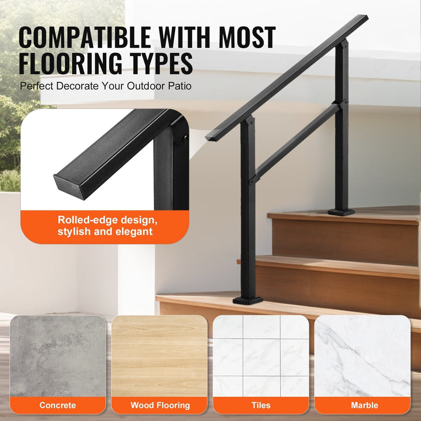 VEVOR Outdoor Handrails for 2-3 Step Stairs Black Square Tube Easy Install