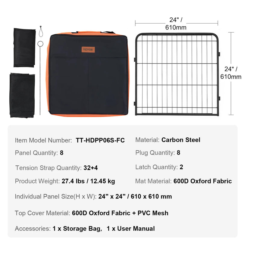 VEVOR Dog Playpen 8 Panels Foldable Metal Dog Exercise Pen with Cover Pad Bag